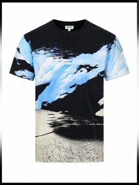 Kenzo Paris Abstract Landscape Print T-Shirt Medium Black Blue Graphic Tee